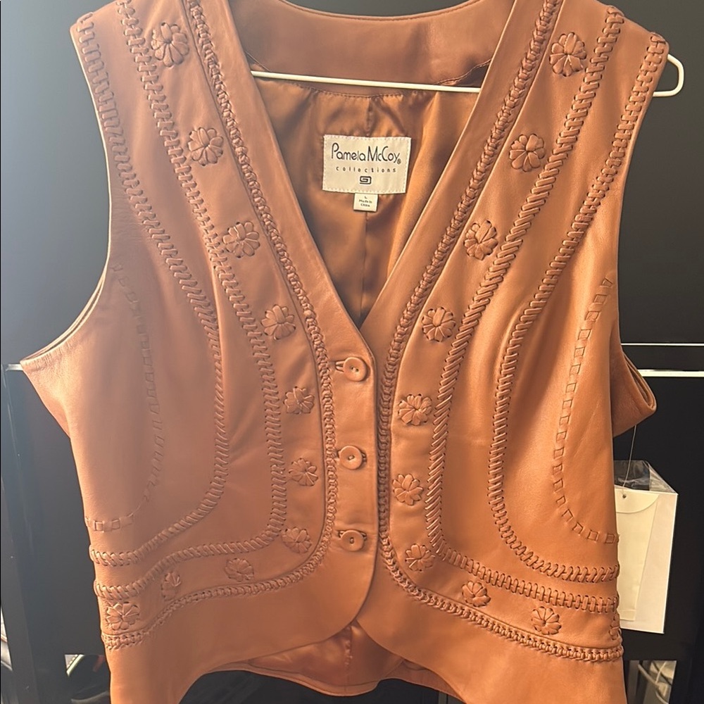 Pamela McCoy Brown Leather Vest with Floral Details